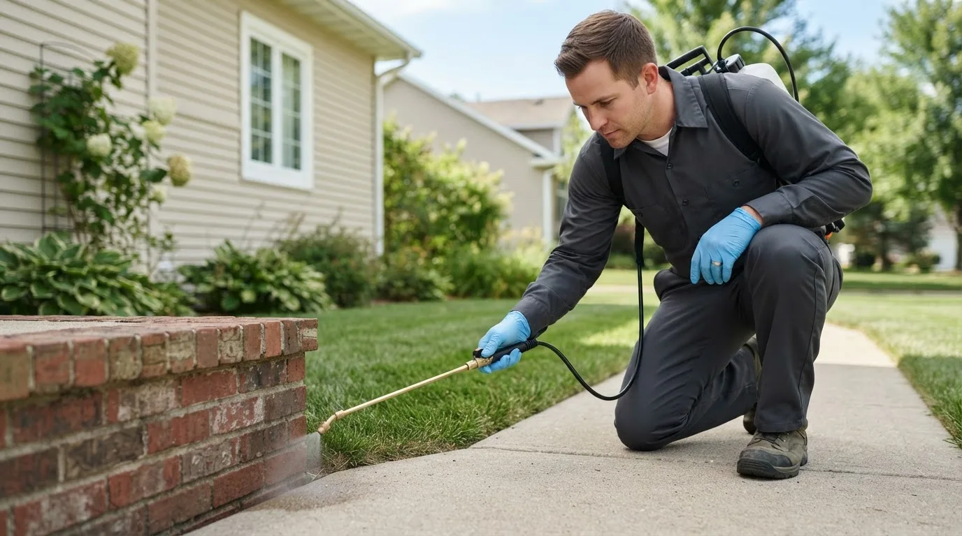 Pest control technician treating a home near Orbisonia, PA