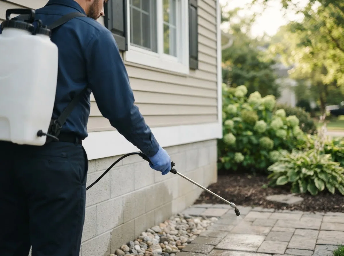 Pest control technician inspecting a home in Orbisonia, PA